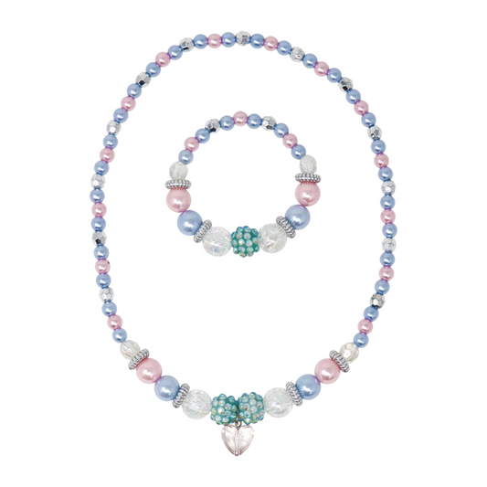 Pink Poppy Blue Ice Princess Stretch Pearl Beaded Necklace & Bracelet Set