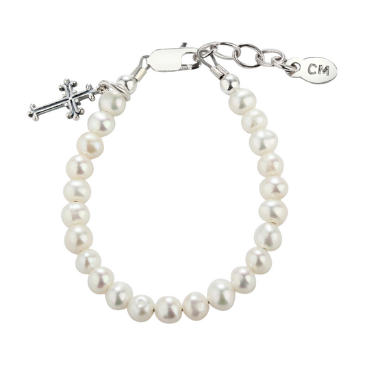 Cherished Moments Sterling Silver Simulated Pearl with Cross Baptism Small Bracelet