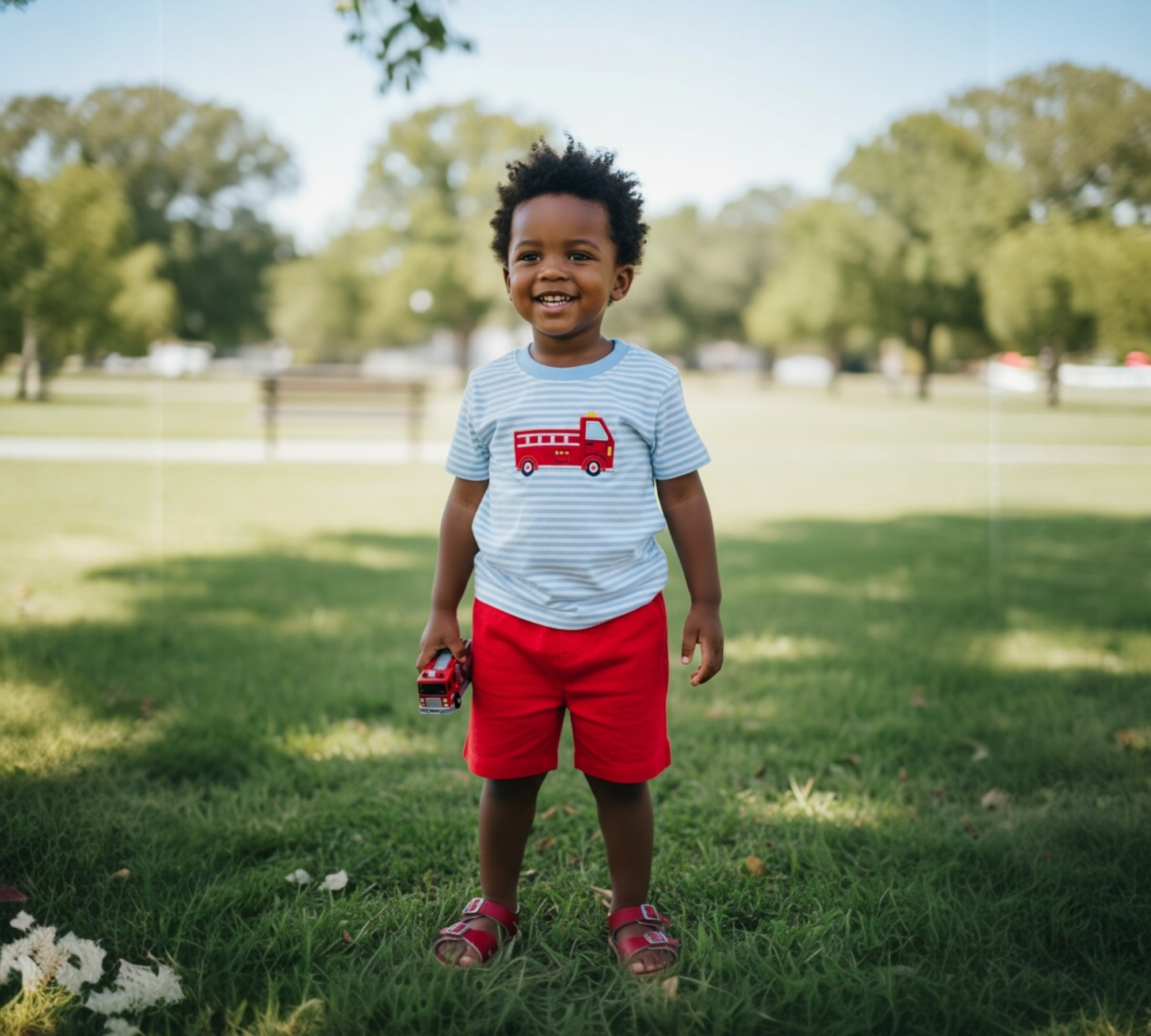 Child wearing a striped shirt with a red bus design and red shorts standing in a park.