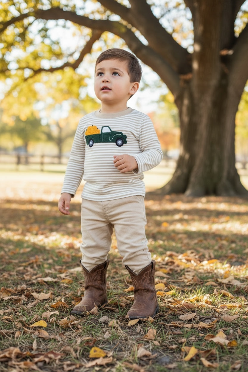 Luigi Stripe Pickup Truck Hauling Pumpkins T-Shirt