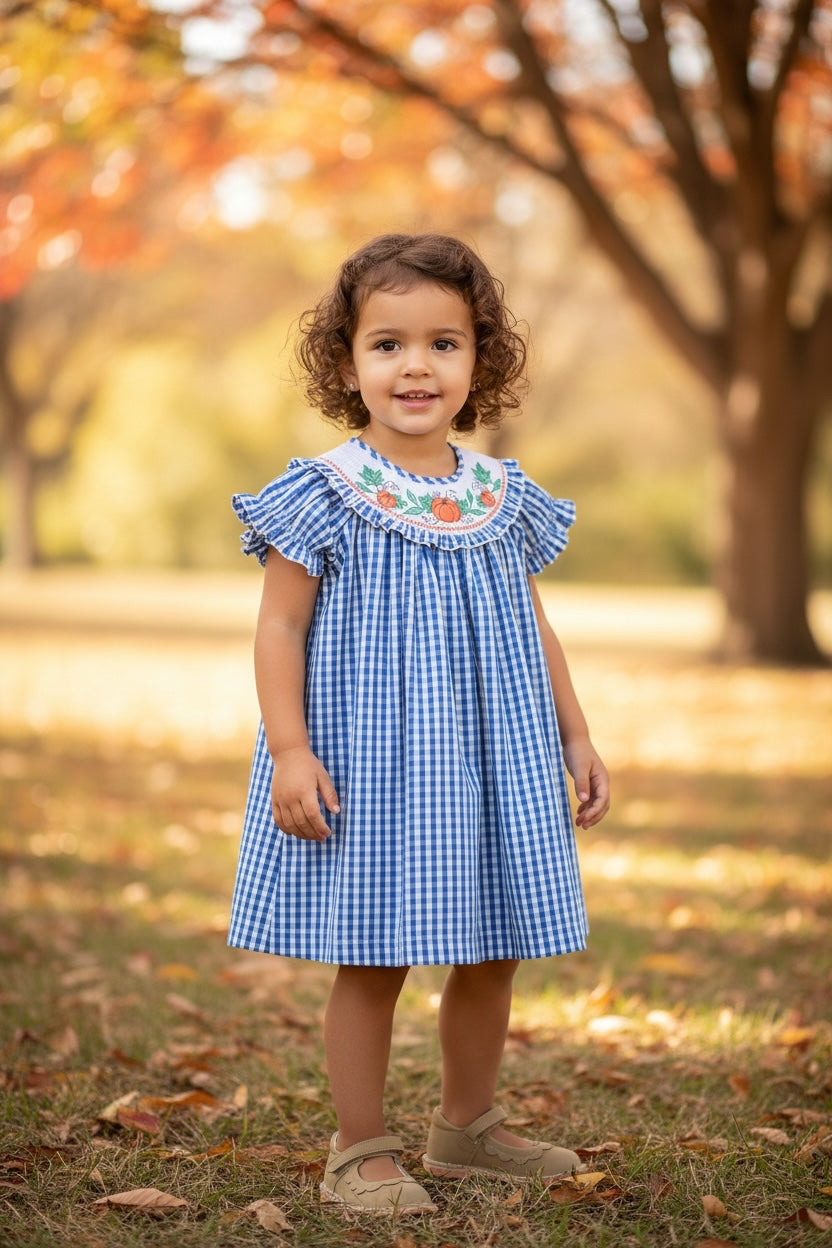 Lil Cactus Smocked Pumpkin Gingham Bishop Dress