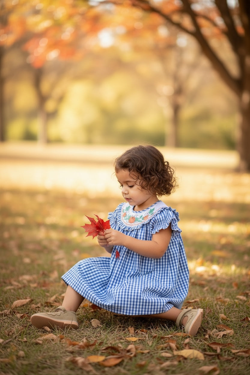 Lil Cactus Smocked Pumpkin Gingham Bishop Dress