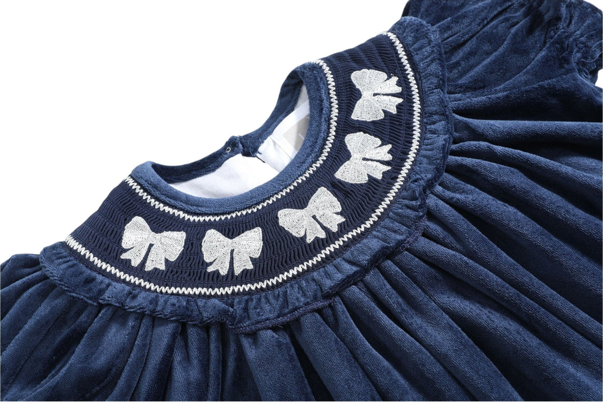 Lil Cactus Smocked Bow Velvet Bishop Dress