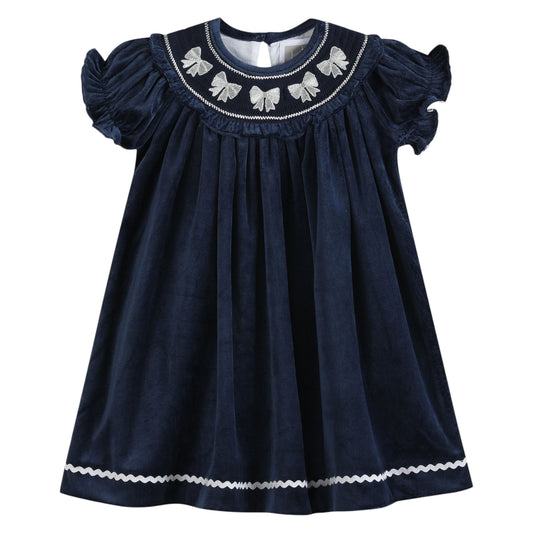 Lil Cactus Smocked Bow Velvet Bishop Dress