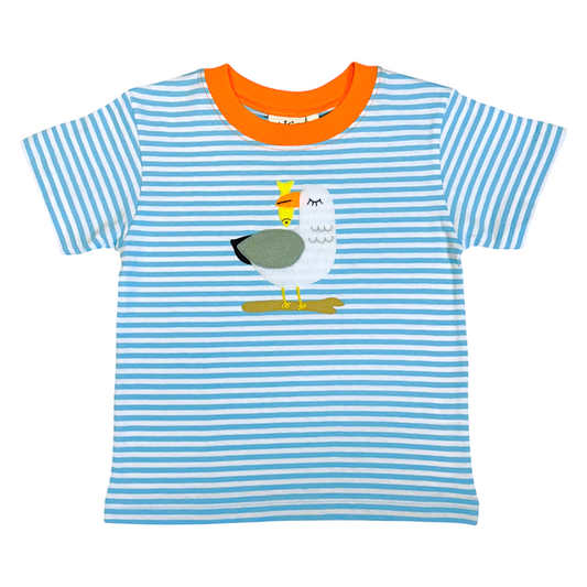 Luigi Striped Seagull With Fish Hand Applique Tee