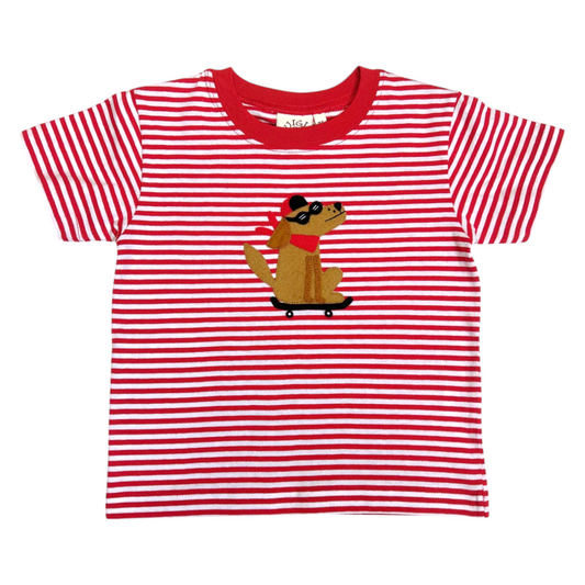 Luigi Striped Dog Riding Skateboard Hand Applique Tee