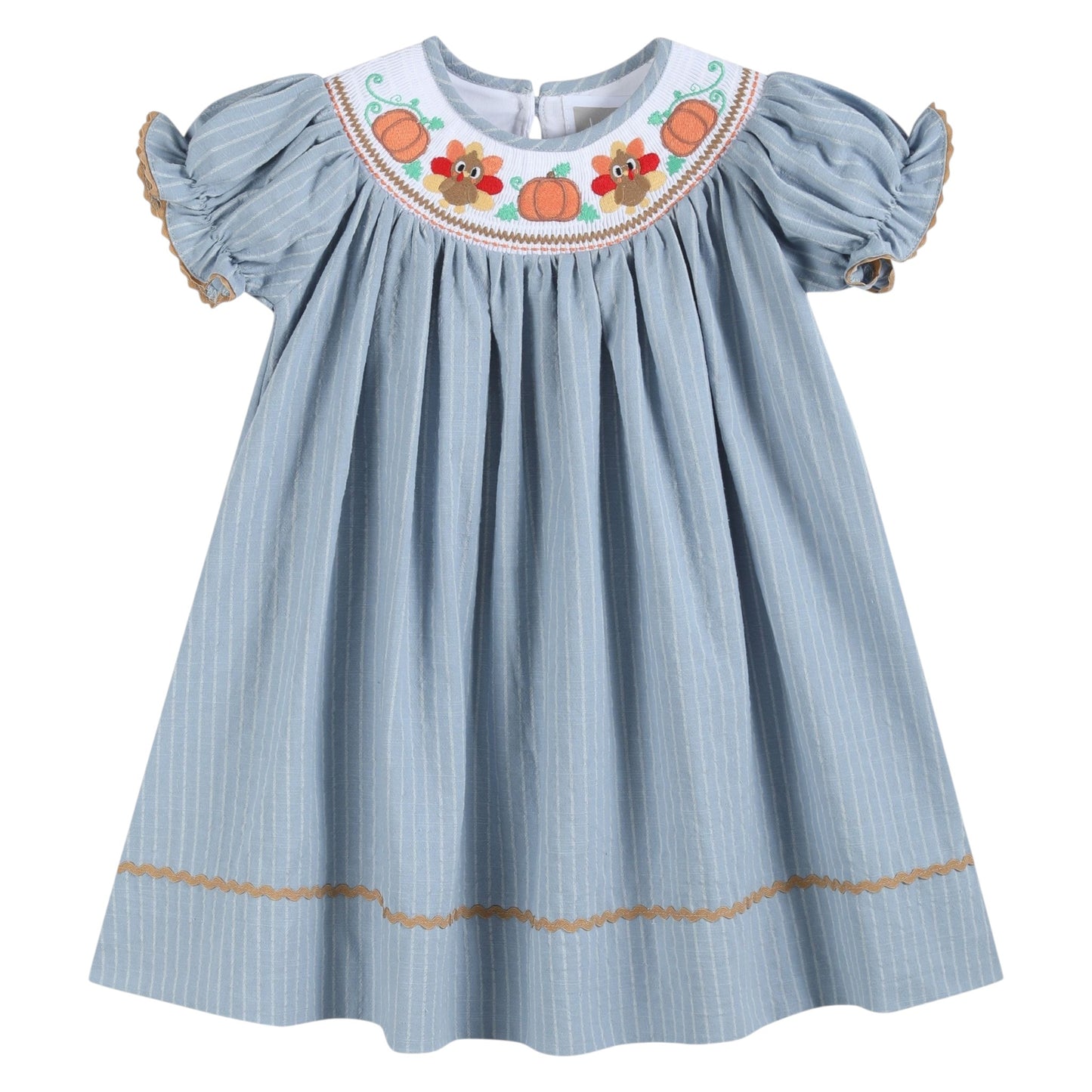 Lil Cactus Smocked Turkey Pinstripe Bishop Dress