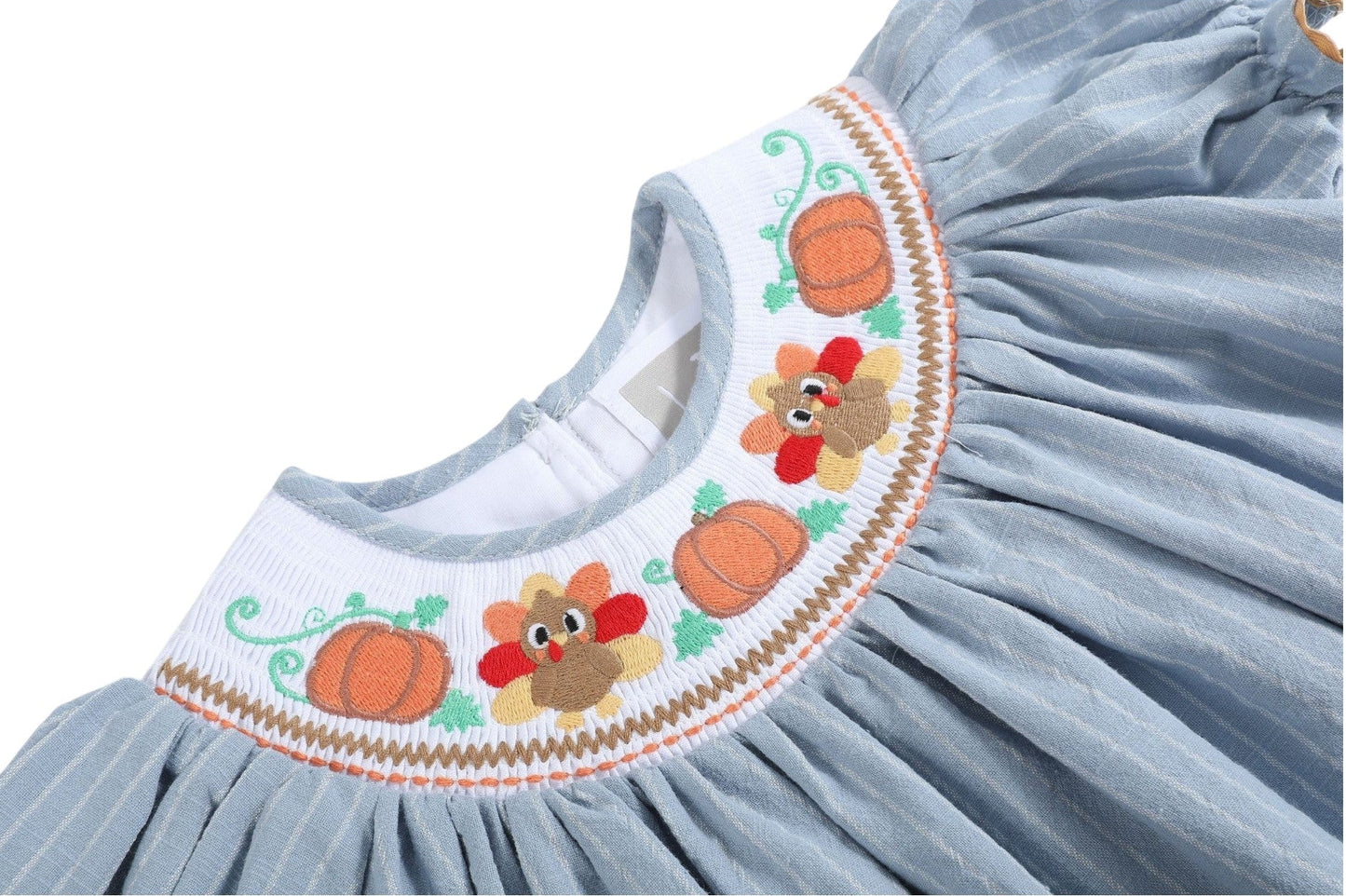 Lil Cactus Smocked Turkey Pinstripe Bishop Dress