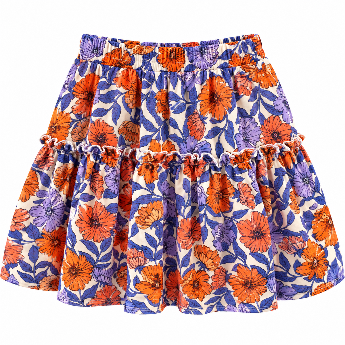A tiered ruffle skirt with a vibrant floral pattern featuring orange and purple flowers on a cream background.