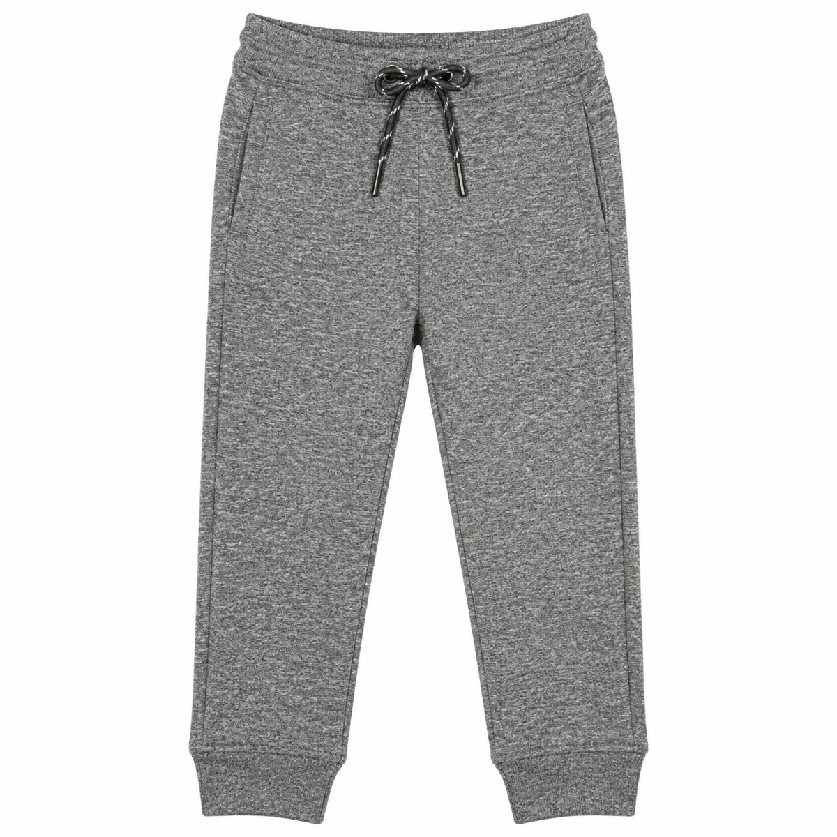 A pair of kids' heather gray sweatpants with an elastic waistband, black and gray striped drawstring, and ribbed ankle cuffs, shown flat on a white background.