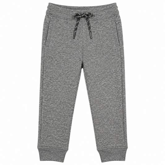 A pair of kids' heather gray sweatpants with an elastic waistband, black and gray striped drawstring, and ribbed ankle cuffs, shown flat on a white background.