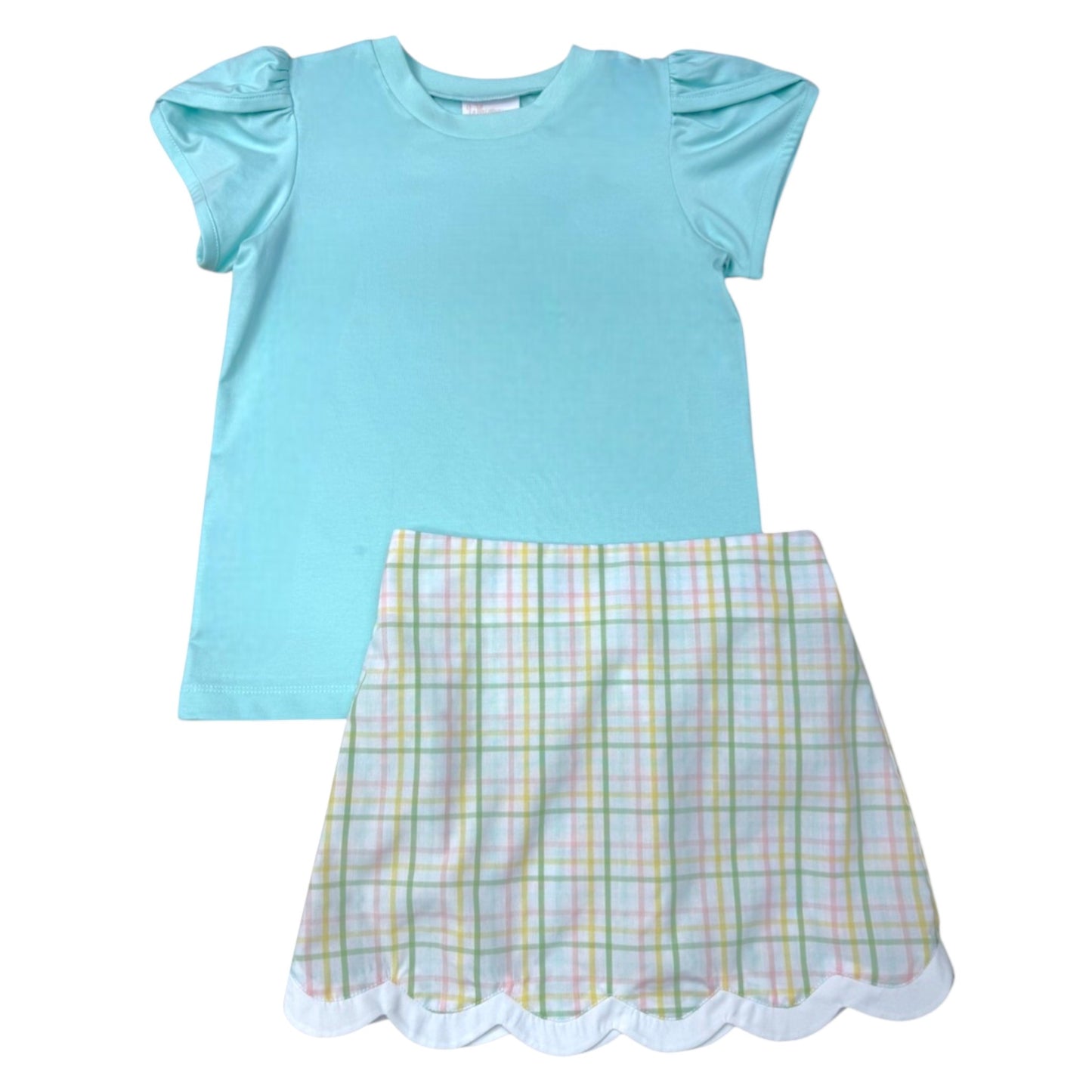 Whimsy Bay Pastel Prep Plaid Scalloped Skirt Set