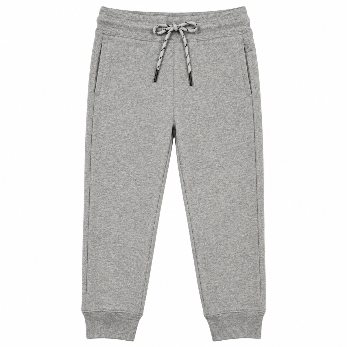 A pair of kids' heather gray sweatpants with an elastic waistband, a gray and white striped drawstring, and ribbed ankle cuffs, shown against a plain white background.