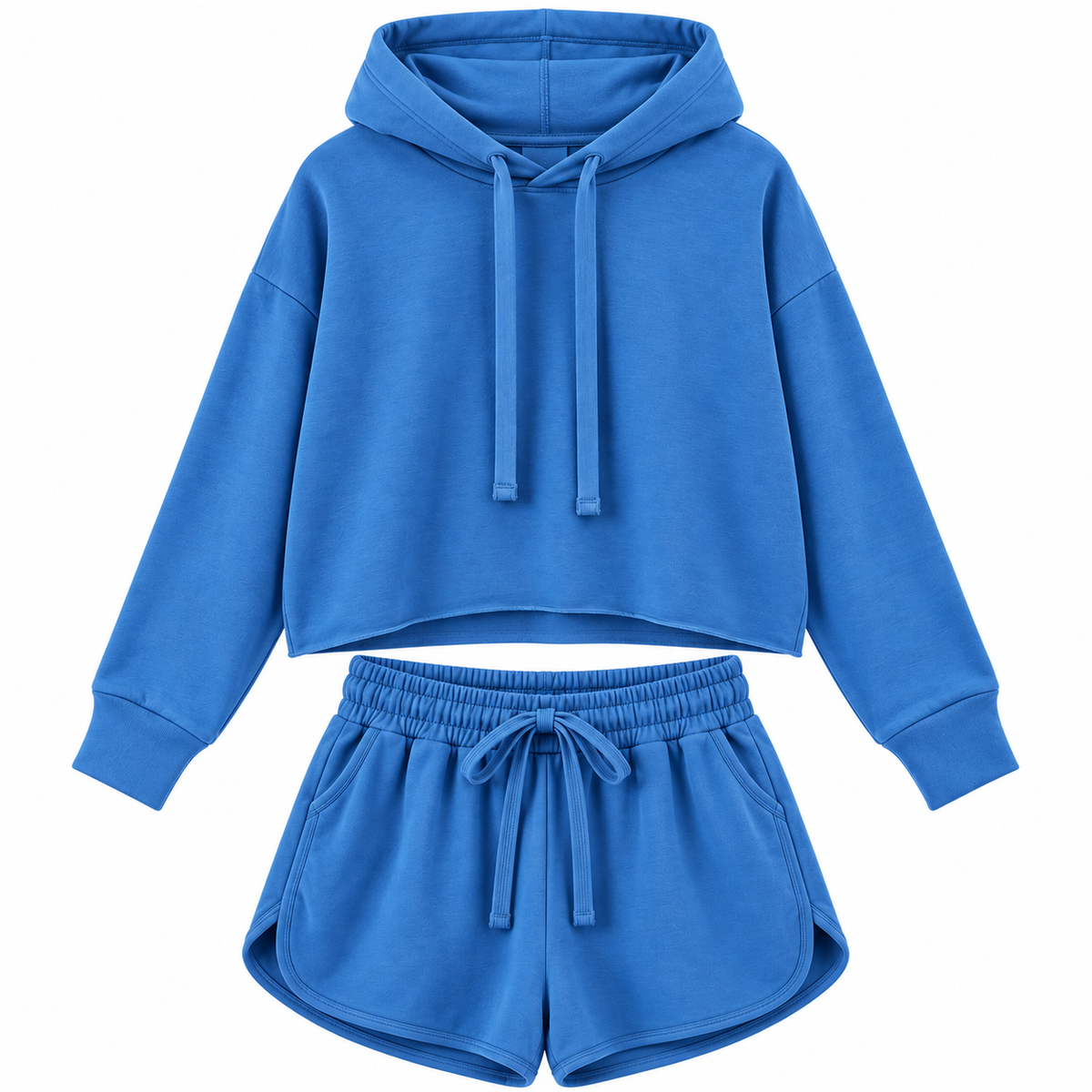 A two-piece kids' lounge set in a vibrant medium blue, featuring a cropped long-sleeve hoodie with drawstrings and matching drawstring shorts, displayed on a clean white background.