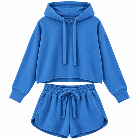 A two-piece kids' lounge set in a vibrant medium blue, featuring a cropped long-sleeve hoodie with drawstrings and matching drawstring shorts, displayed on a clean white background.