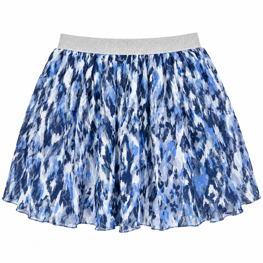 A short pleated skirt with an abstract blue, navy, and white ikat-like pattern, featuring a textured light gray waistband, shown against a plain white background.