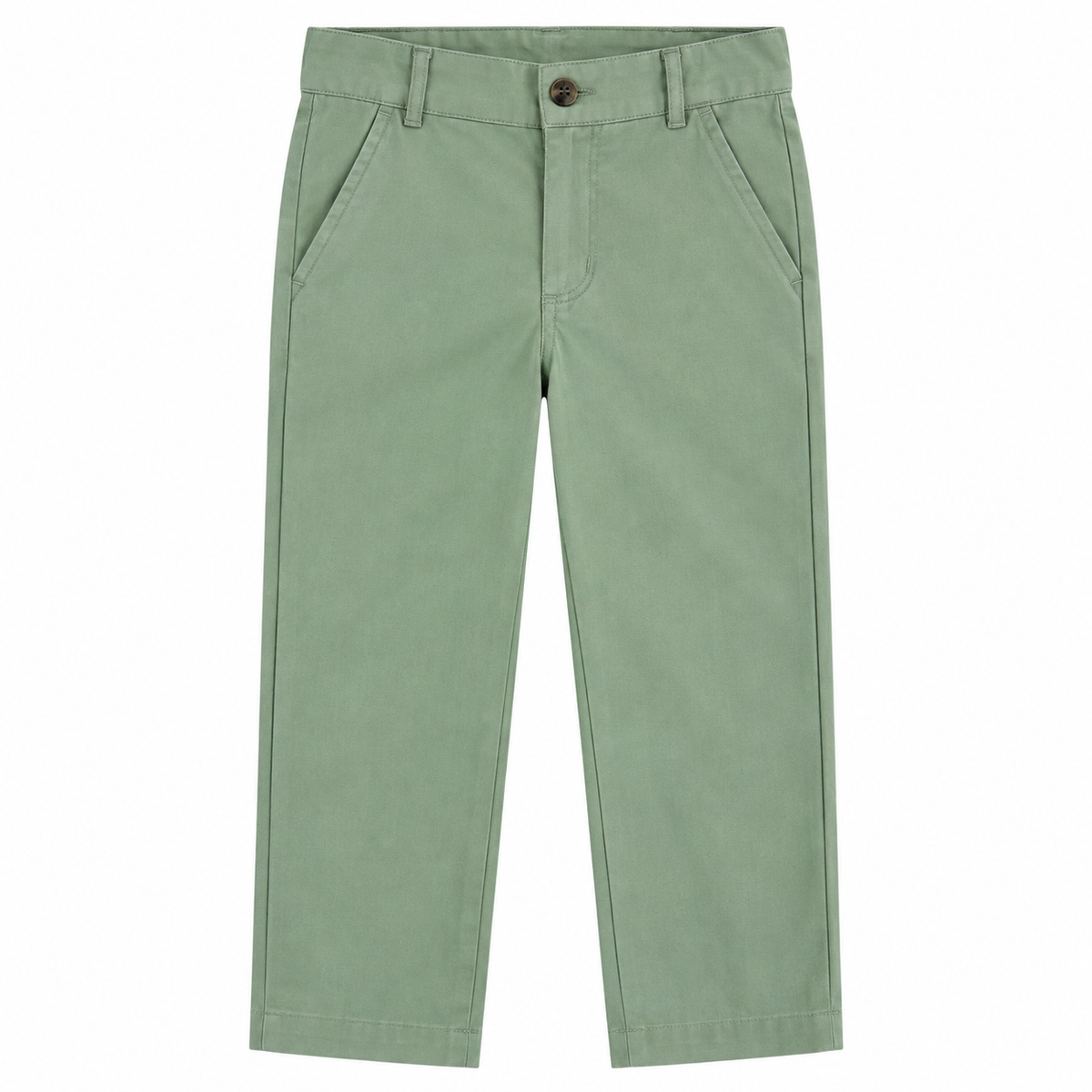 A pair of sage green chino pants shown flat against a solid white background.