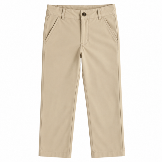 Khaki long boys pant on white background.