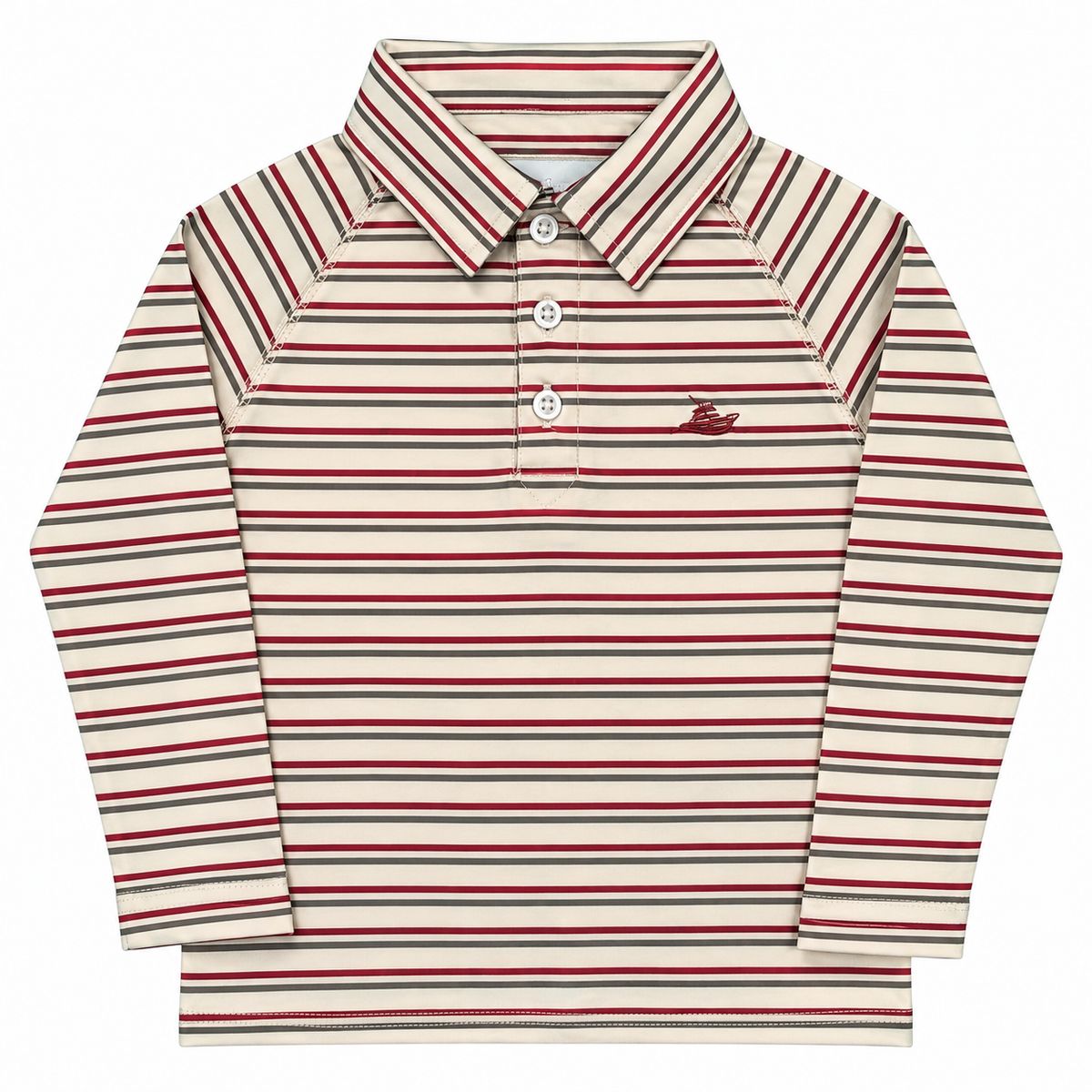 A long-sleeve collared polo shirt with horizontal stripes in red, dark green, and cream, featuring a three-button placket and a small, embroidered boat logo on the left chest.

Details