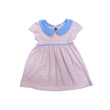 Load image into Gallery viewer, Luigi Short Sleeve Striped Dress With Solid Piped Trim