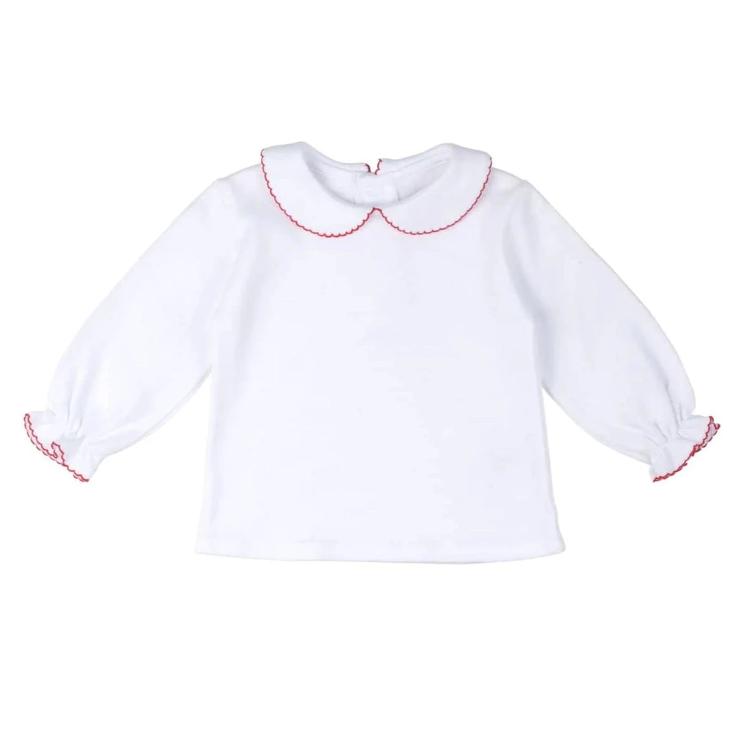 Florence Eiseman White Knit Blouse with Red Picot Trim
